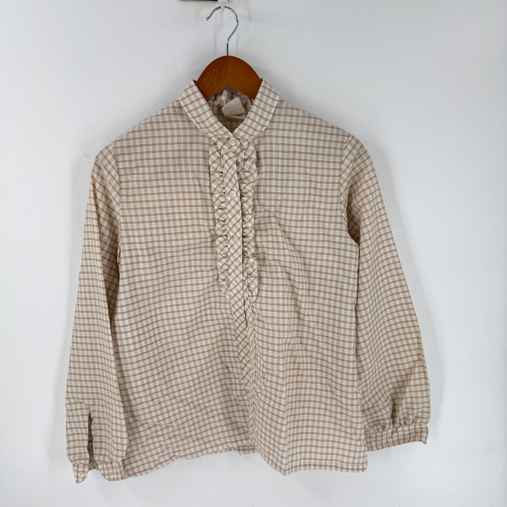 Vintage Wrangler Ruffle Front Blouse Tan Size 12 Plaid Western Prairie Made USA